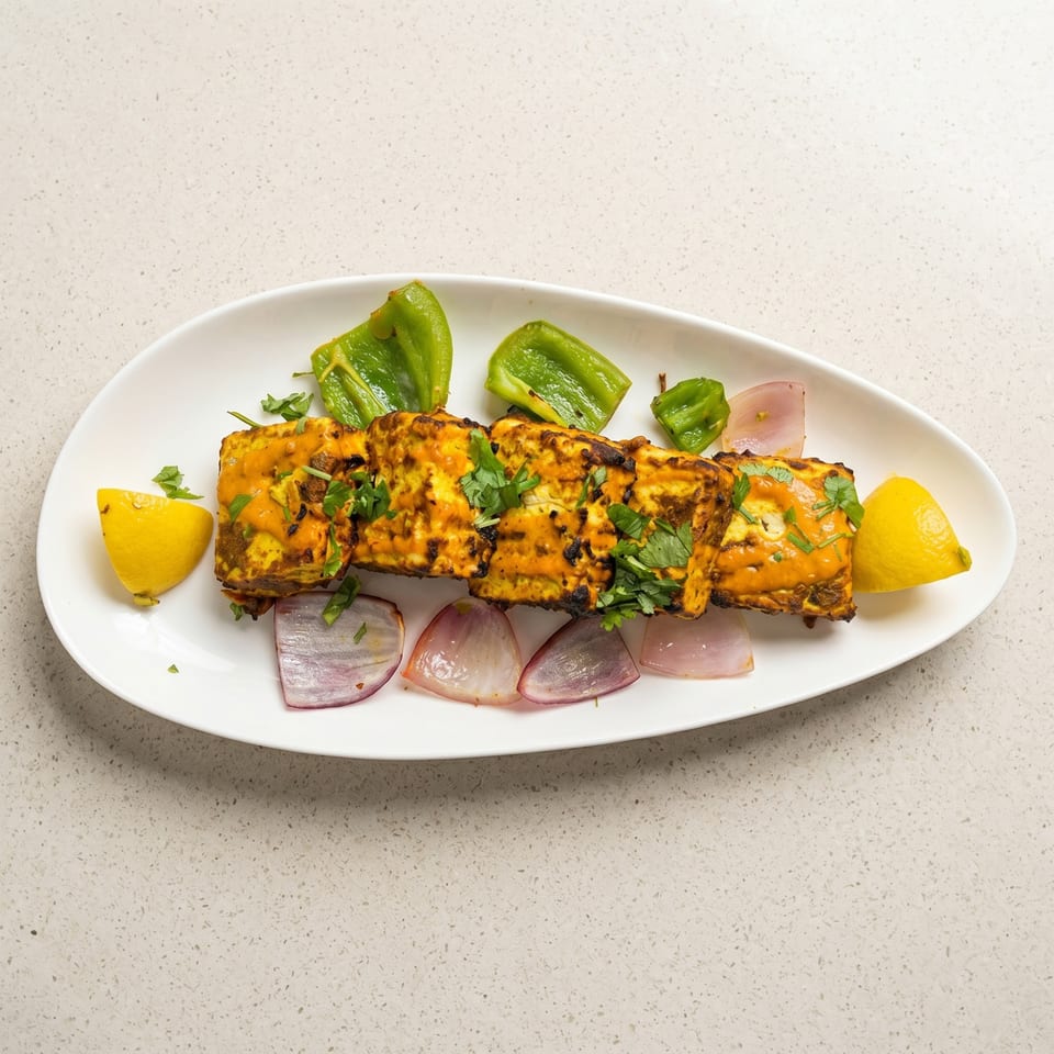 Grilled paneer tikka with green bell peppers, red onions, and lemon wedges on a white plate.