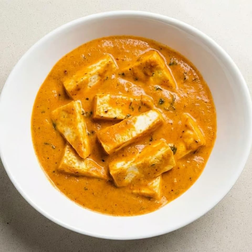 A white bowl filled with paneer butter masala, featuring paneer cubes in a rich orange sauce.